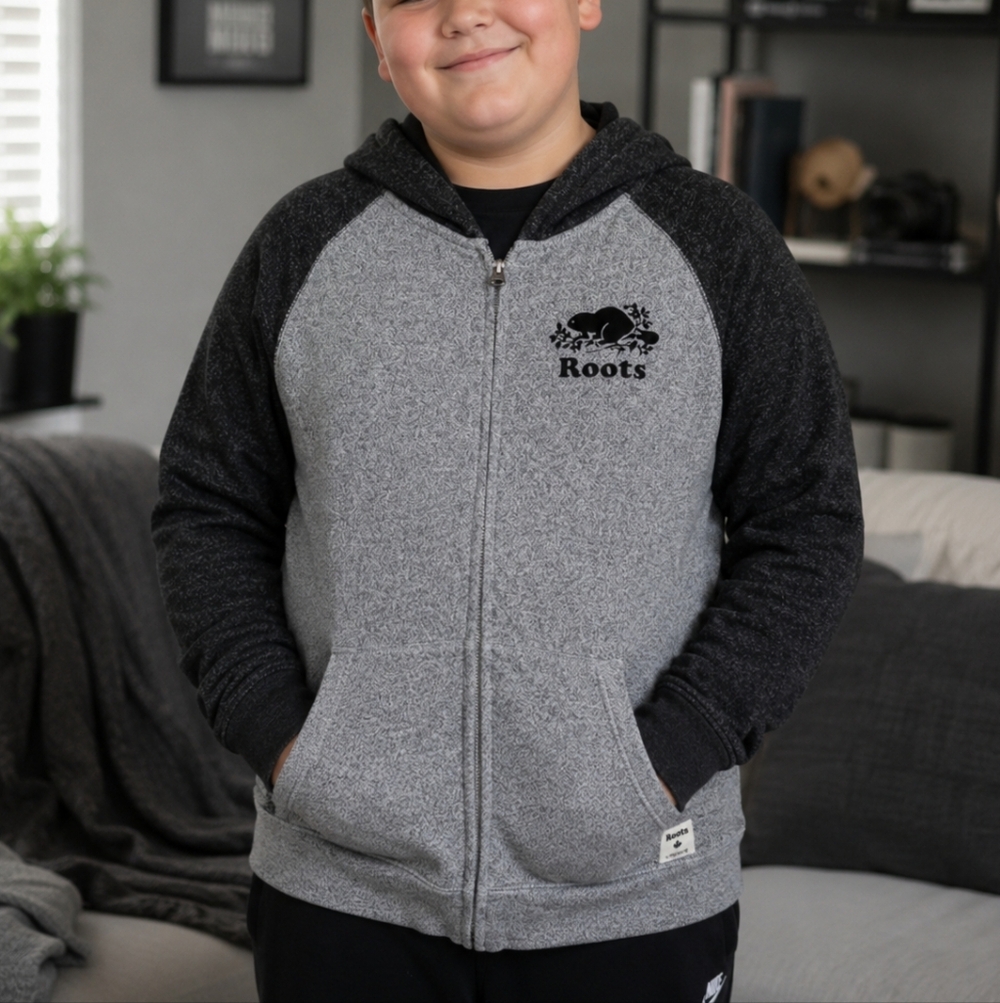 Roots Kids Gray & Black Full-Zip Hoodie XXL Boys Activewear Zip Up Jacket